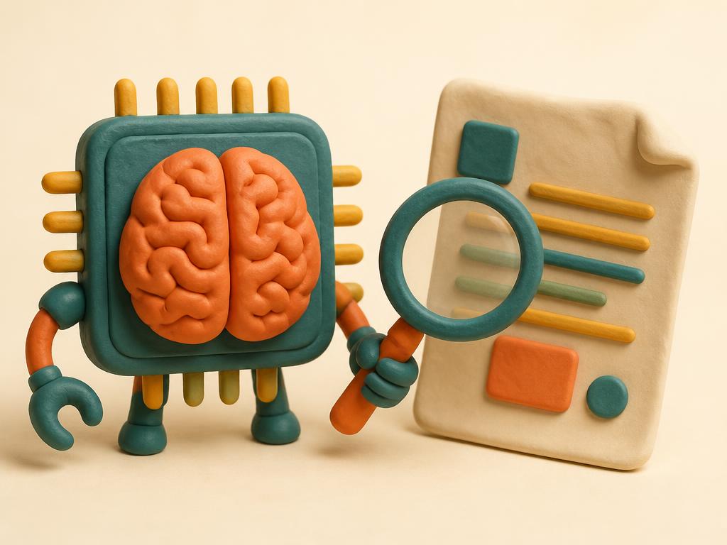 Clay-style illustration of an AI chip inspecting a document with a magnifying glass