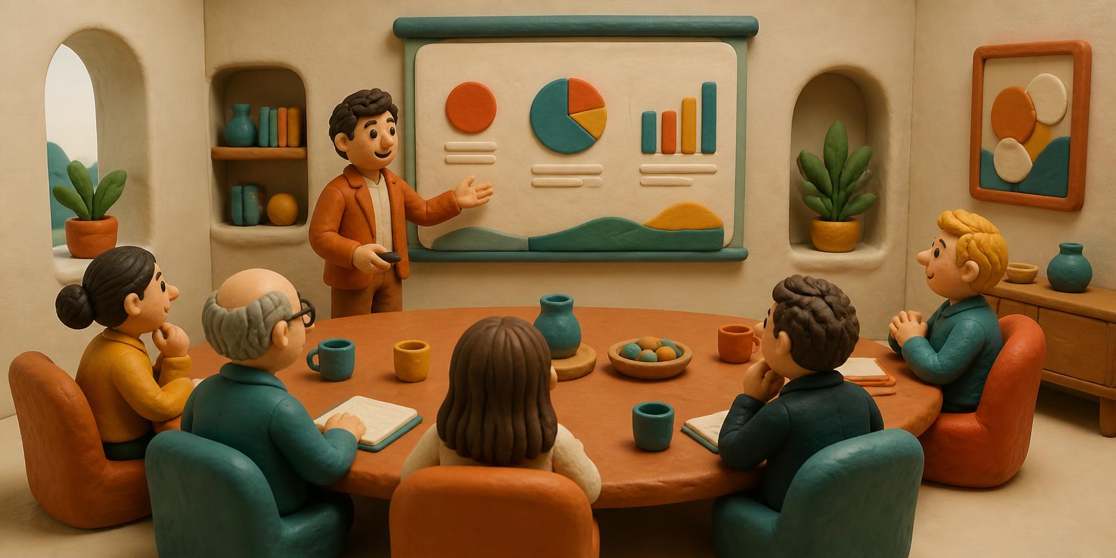 Clay-style illustration of an investment committee reviewing a pitch deck