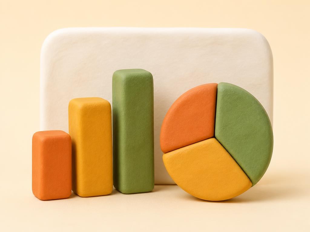 Clay-style illustration of bar and pie charts in front of a report card