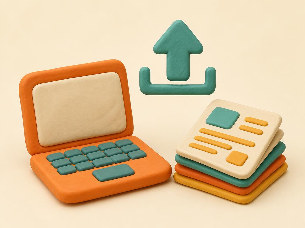 Clay-style illustration of a laptop and documents being uploaded
